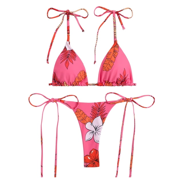 Swimsuits Women Print Three-Point Stylish Adjustable Push Up Bikinis Pink Womens Bathing Suits S