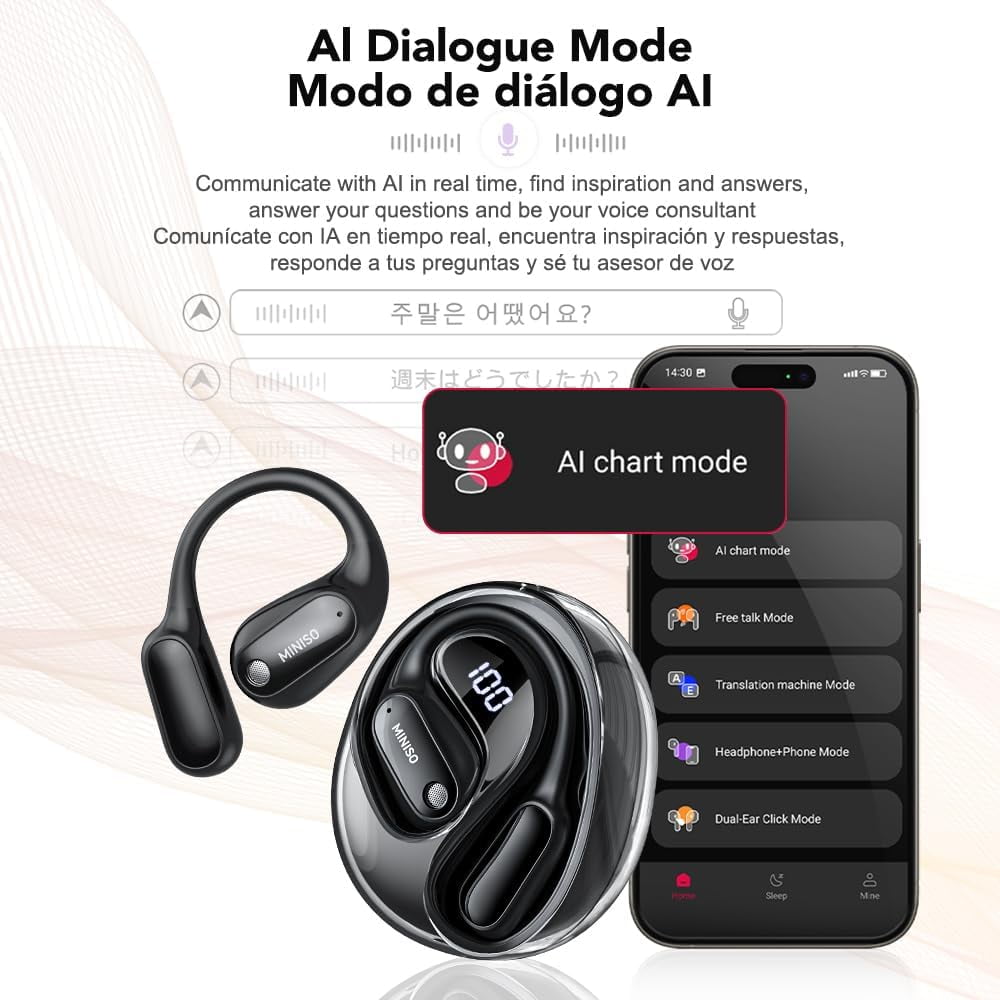 MINISO MS190 AI Translation Earbuds Real Time 135 Language Open Ear Translator Earbuds Fit iOS and Android