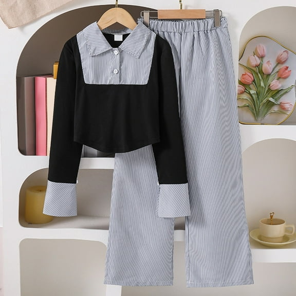 GBSYEWXS Outfits Sets For Child Girls Trendy Soft Patchwork Tops Pants Long Sleeve Black Clothing Set Size 8 Years-9 Years