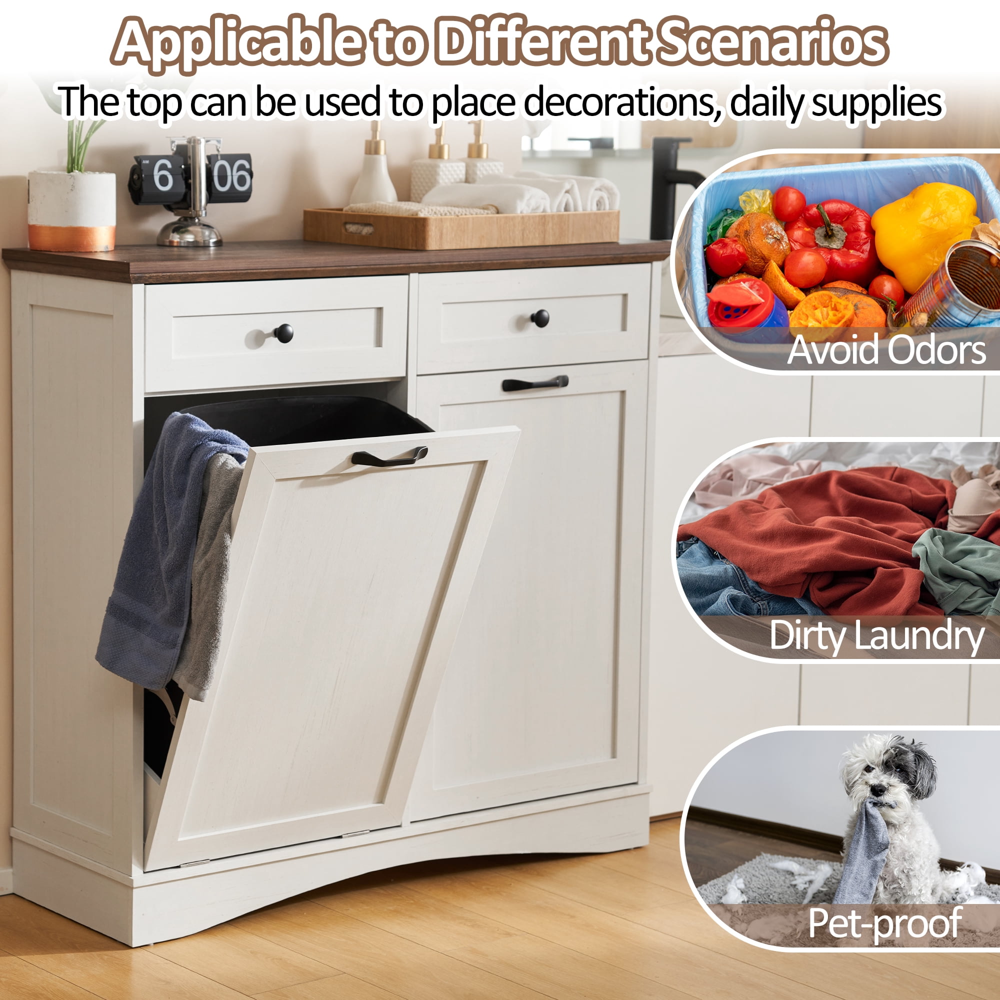 HARIPUL 13 Gallon Tilt Out Trash Cabinet Waste Bins Hidden Trash Bin with Drawer & Adjustable Shelf & for Kitchen, Antique White