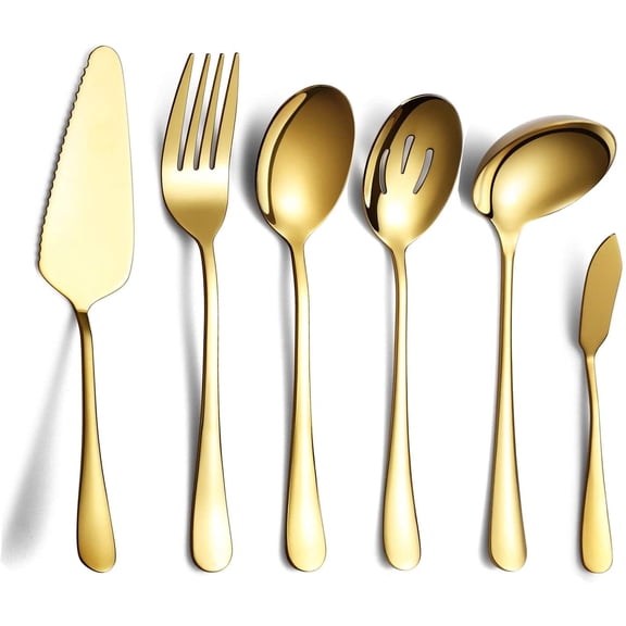 6 Piece Gold Serving Flatware Set Stainless Steel Tableware Utensil Set Includes Cake Server, Slotted Spoon, Serving Spoon, Meat Fork, Butter Knife, Soup Ladle