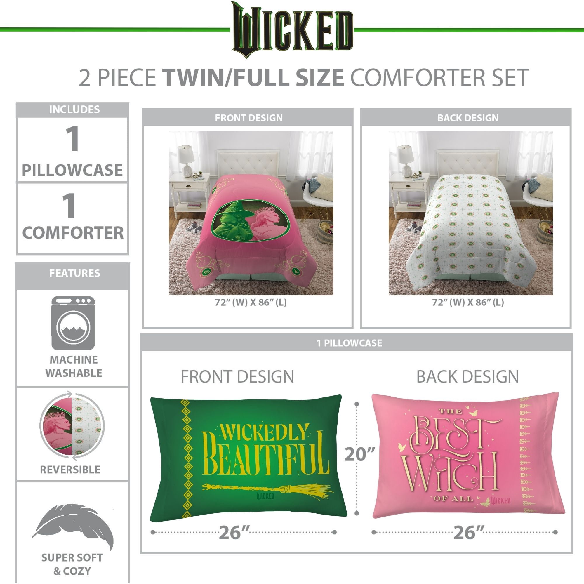 Wicked Kids 2 Piece Pink Green White Reversible Comforter and Pillowcase set, Twin/full