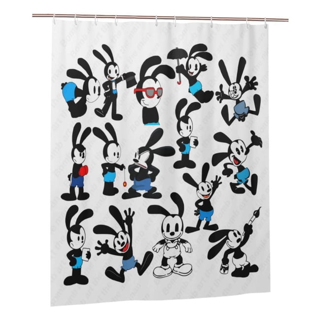 Cortina de ducha Oswald The Lucky Rabbit, juego de cortinas de ducha con dibujos animados para niños, niñas, dormitorios universitarios, accesorios de decoración de baño a prueba de agua con 12