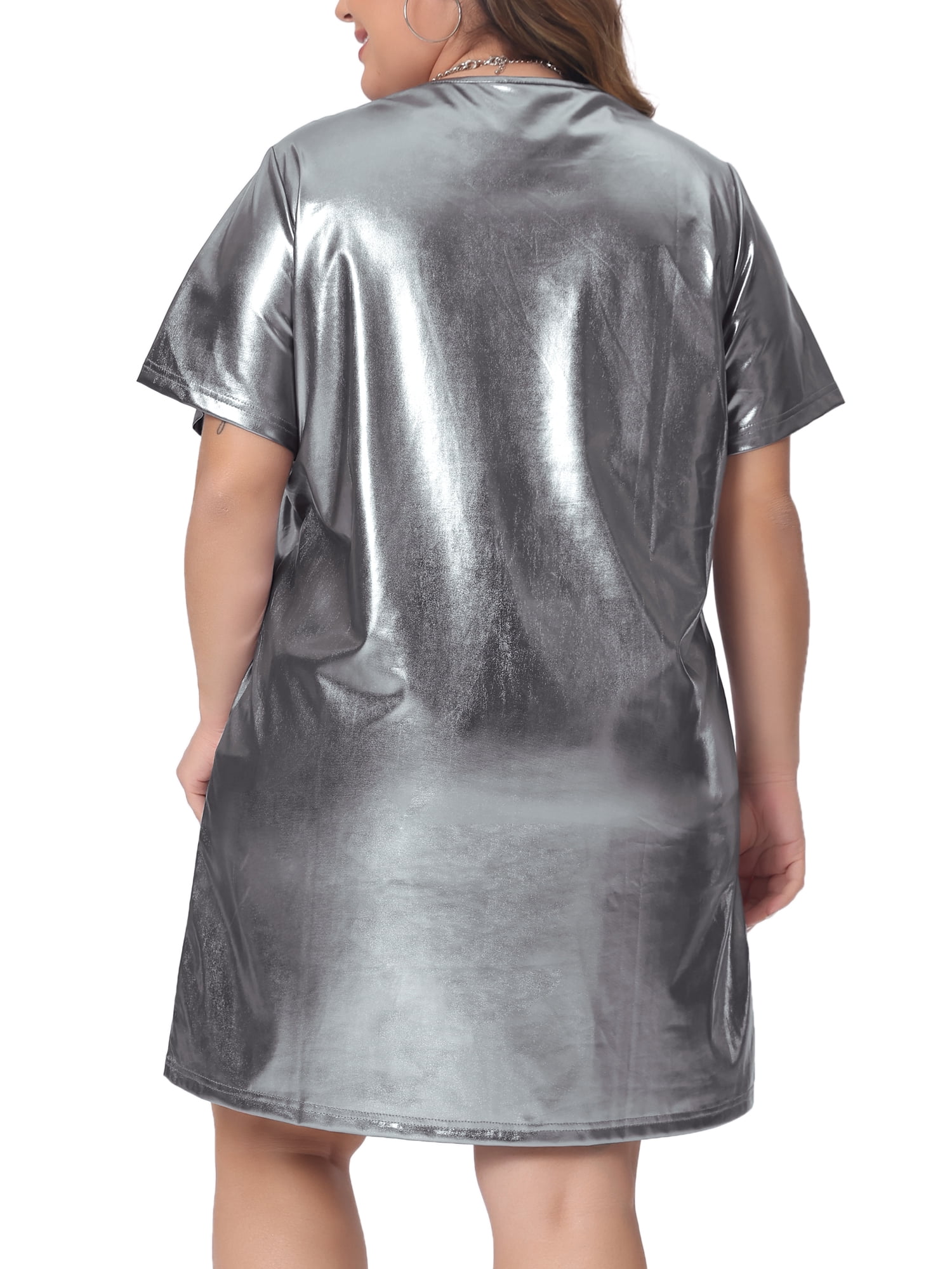 DARING DIVA Women's Plus Size Metallic Round Neck Mini Dress 3X Silver