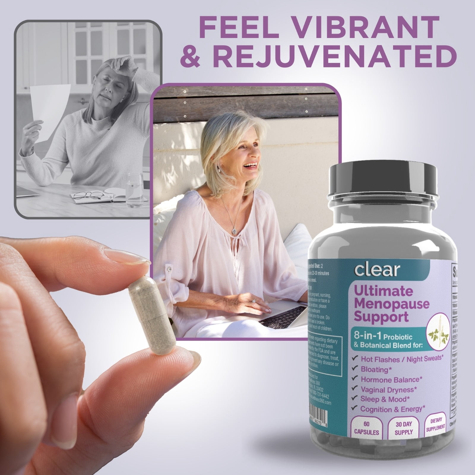 Clear Ultimate Menopause Support – Herbal & Probiotic Blend for Hot Flashes, Night Sweats, Vaginal Dryness & Hormone Balance – with Black Cohosh, Maca, DIM, Dong Quai & Red Clover – 60 Capsules