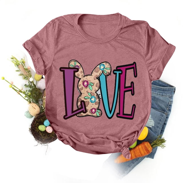 EGNMCR Easter T-shirt Imprimé T-Shirts Graphiques pour Femmes Chemises T-shirt Décontracté Ample à Col Rond à Manches Courtes Blouse à Imprimé de Lettres T-shirt T-Shirts pour Femmes