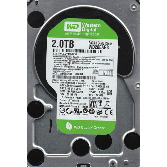 WD20EARS-00S8B1, DCM HARNHT2AAB, Western Digital 2TB SATA 3.5 Hard Drive