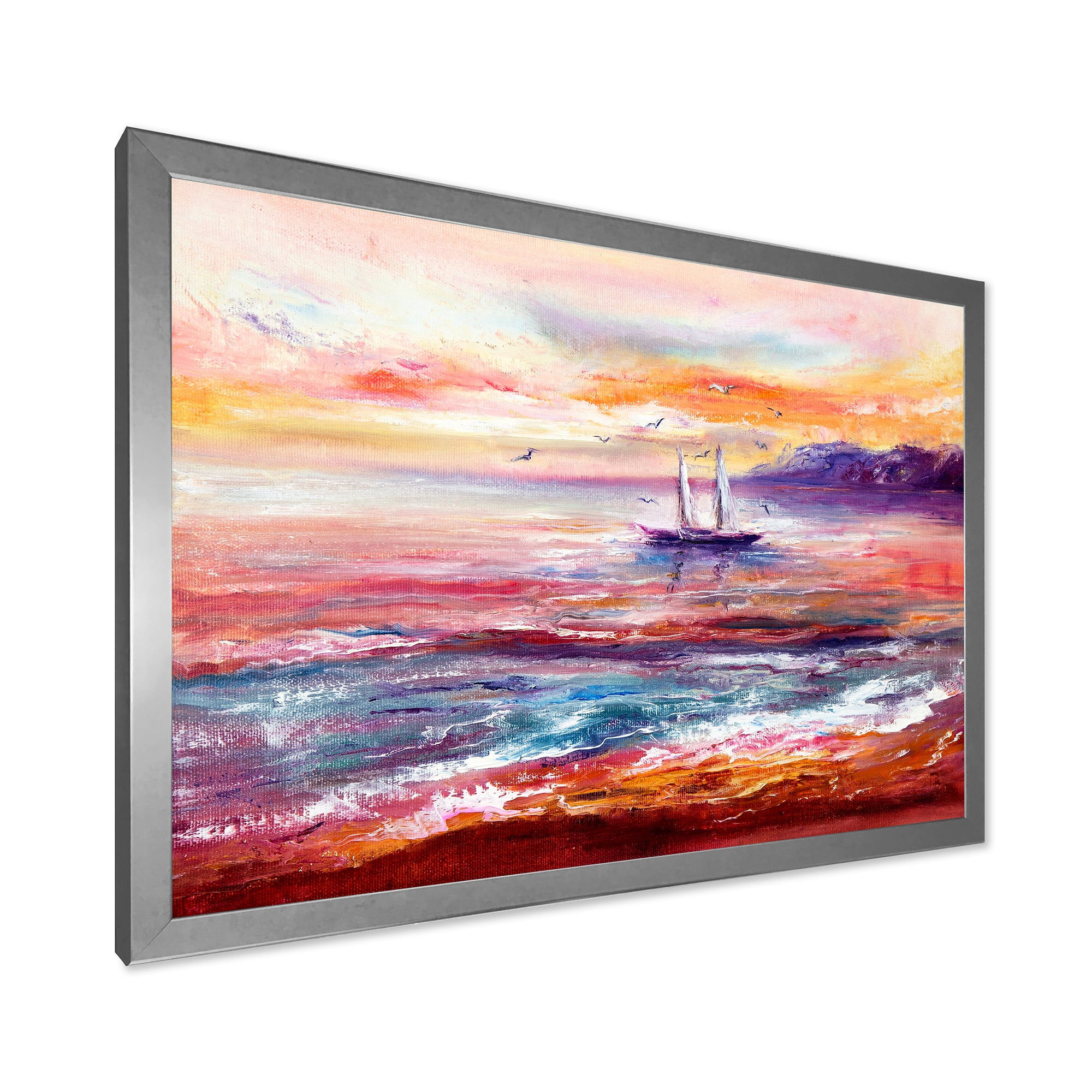 Boat On The Ocean During Vibrant Sunset Glow 20 in x 12 in Framed Painting Canvas Art Print, by Designart