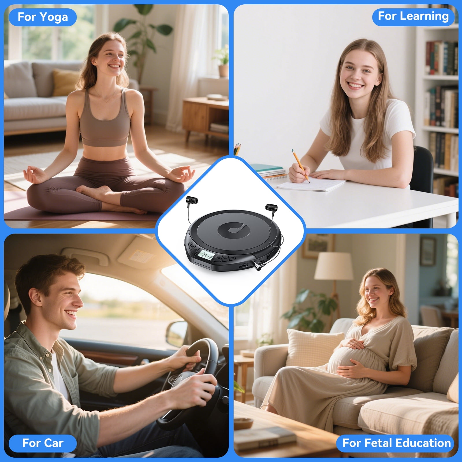 CD Player Portable for Car with Earphones Walkman CD Players Anti-Skip LCD Display Personal Disman Disc Player