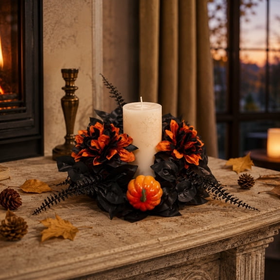 Beautynvta Artificial Candle Ring Wreath, Gothic Floral Candle Holder Garland, Spooky Fall Table Centerpiece Decor for Mantel Dining Table Decorations