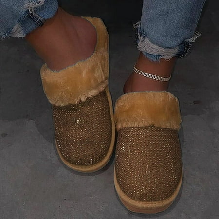 

KKCXFJX slippers for women Outdoor Women Plush Rhinestone Wool Drag Warm Slippers And Comfortable Flat Shoe Slippers
