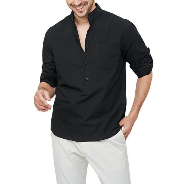 Camisa informal para hombre: color liso, imitación algodón y lino, manga larga, algodón, para todas las estaciones, tallas S-XXXL (contorno de pecho 110-135 cm)