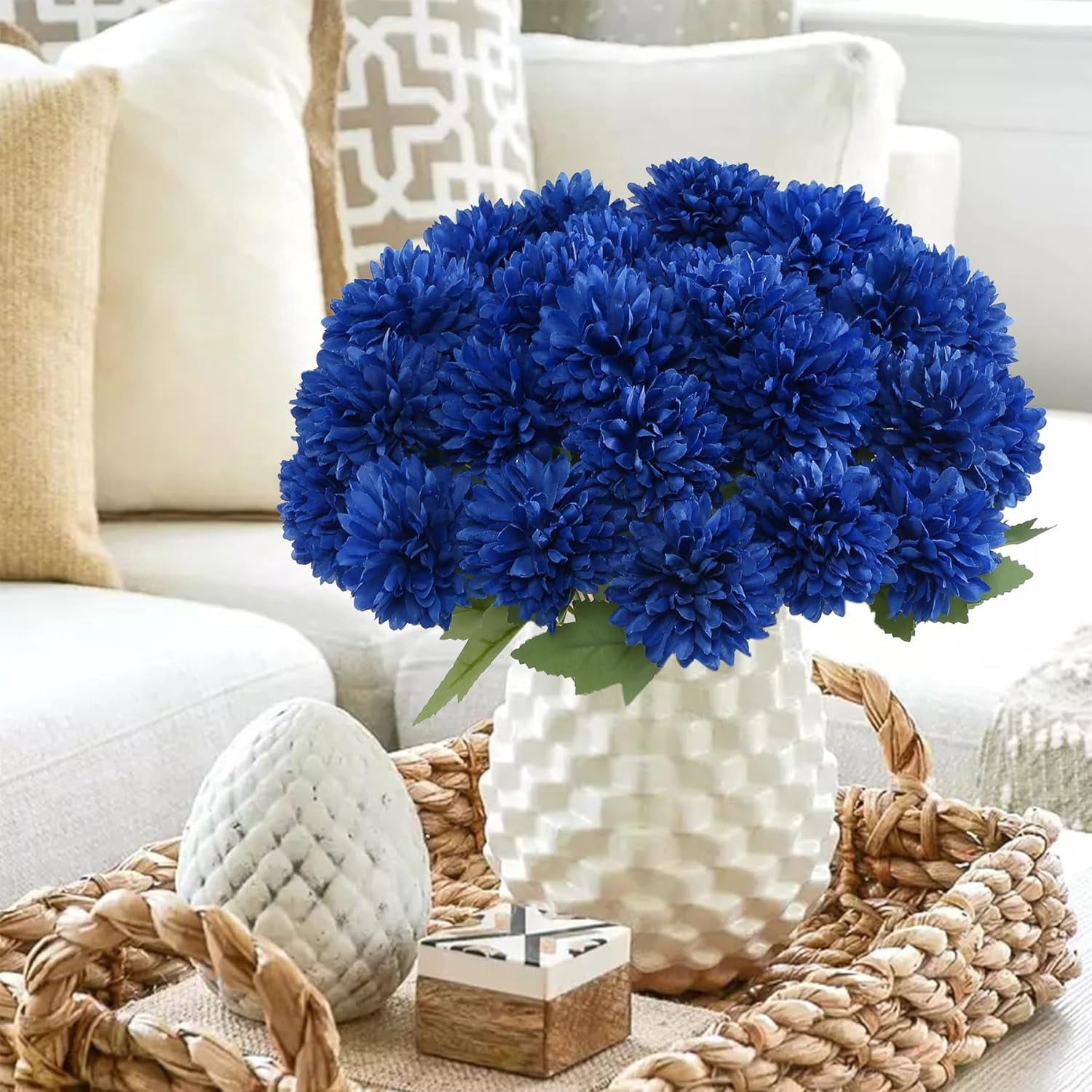 12 Bundle Artificial Mums Flowers Deep Blue, Lifelike Silk Chrysanthemum Bouquet for Outdoor Indoor Vase Wedding Home Decor