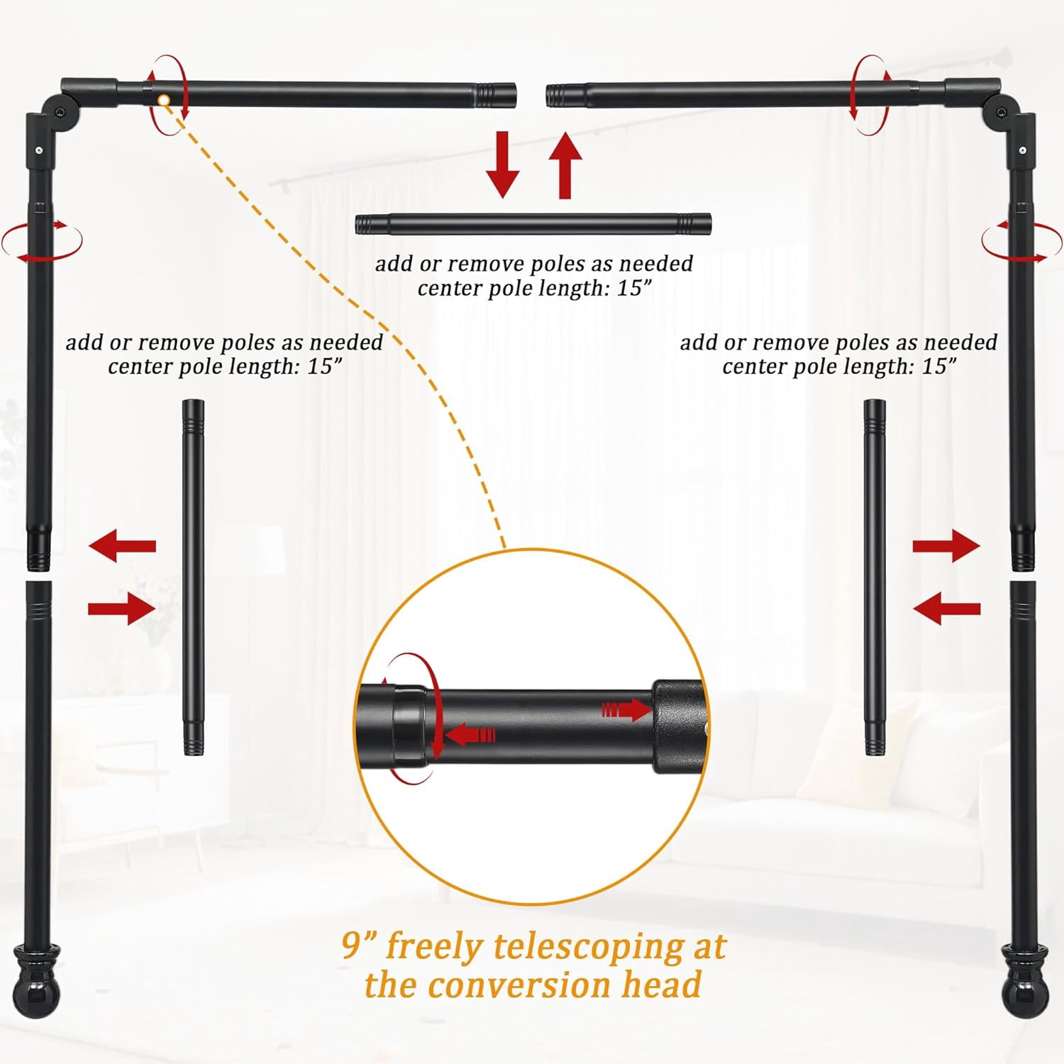 Bay Window Curtain Rods  U Shaped Adjustable Curved For Windows 59 To 184 Inches Black 1 Inch Renter Friendly Heavy Duty With Brackets Bedroom Living Room Curtains