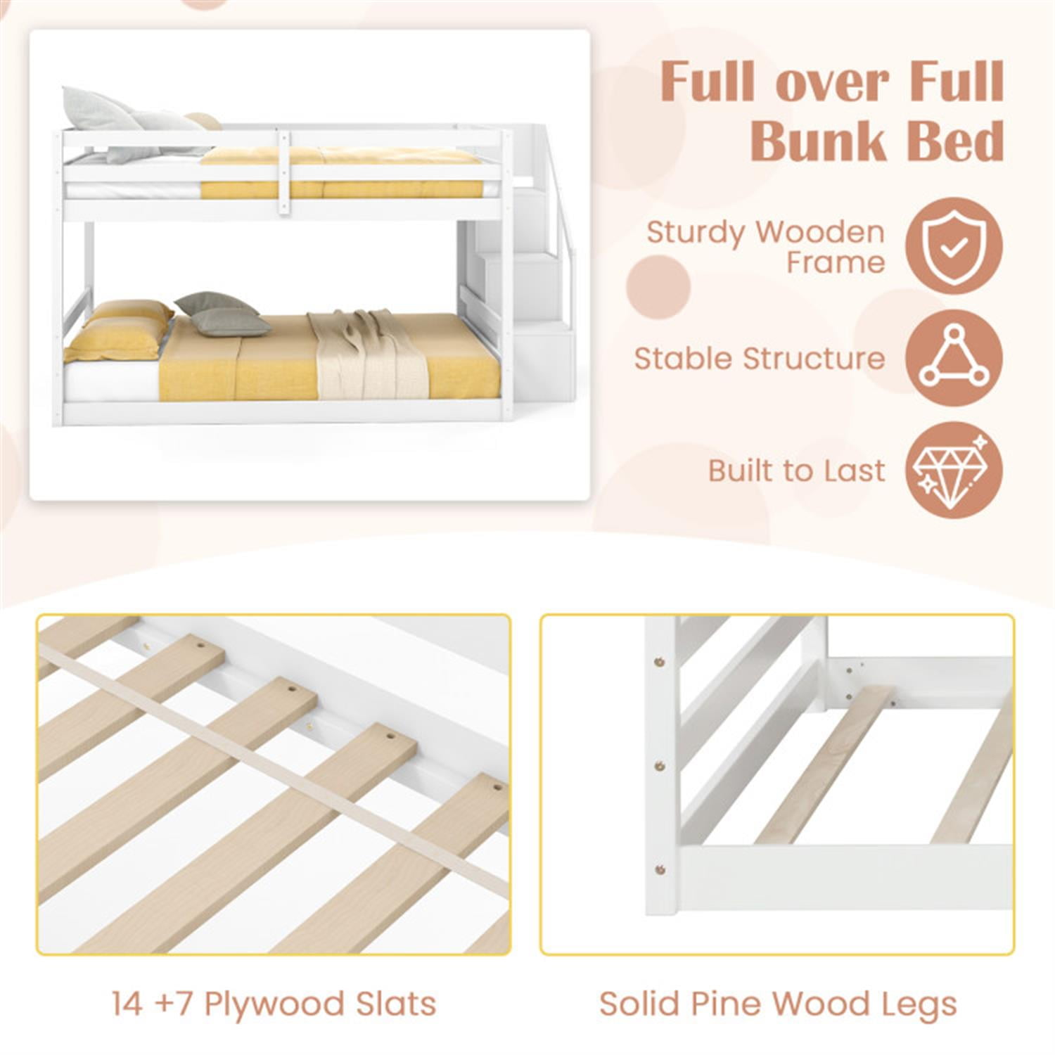 Demi Bonn Full Over Full Bunk Bed with Safety Rail and Storage Stairs, Space-saving Solid Wood Bed Frame, White