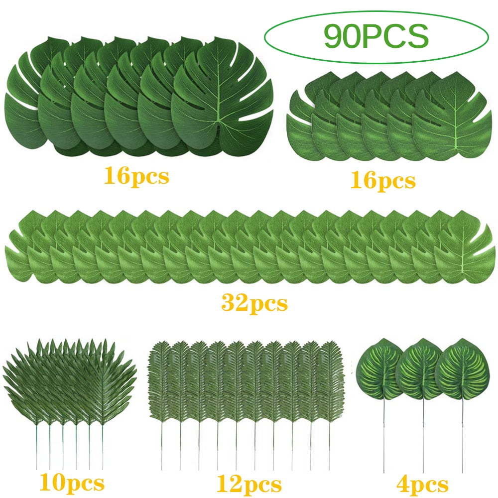 90 Pieces 6 Kinds Artificial Palm Leaves Tropical Leaves Decorations