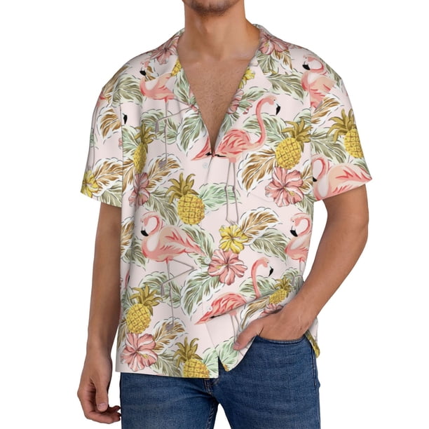 Fotbe Tropical Pink Flamingo Pineapple Camisa Estampada de Manga Corta para Hombre, Casual de Verano, Estilo Playero, Sin Arrugas-4X-Large