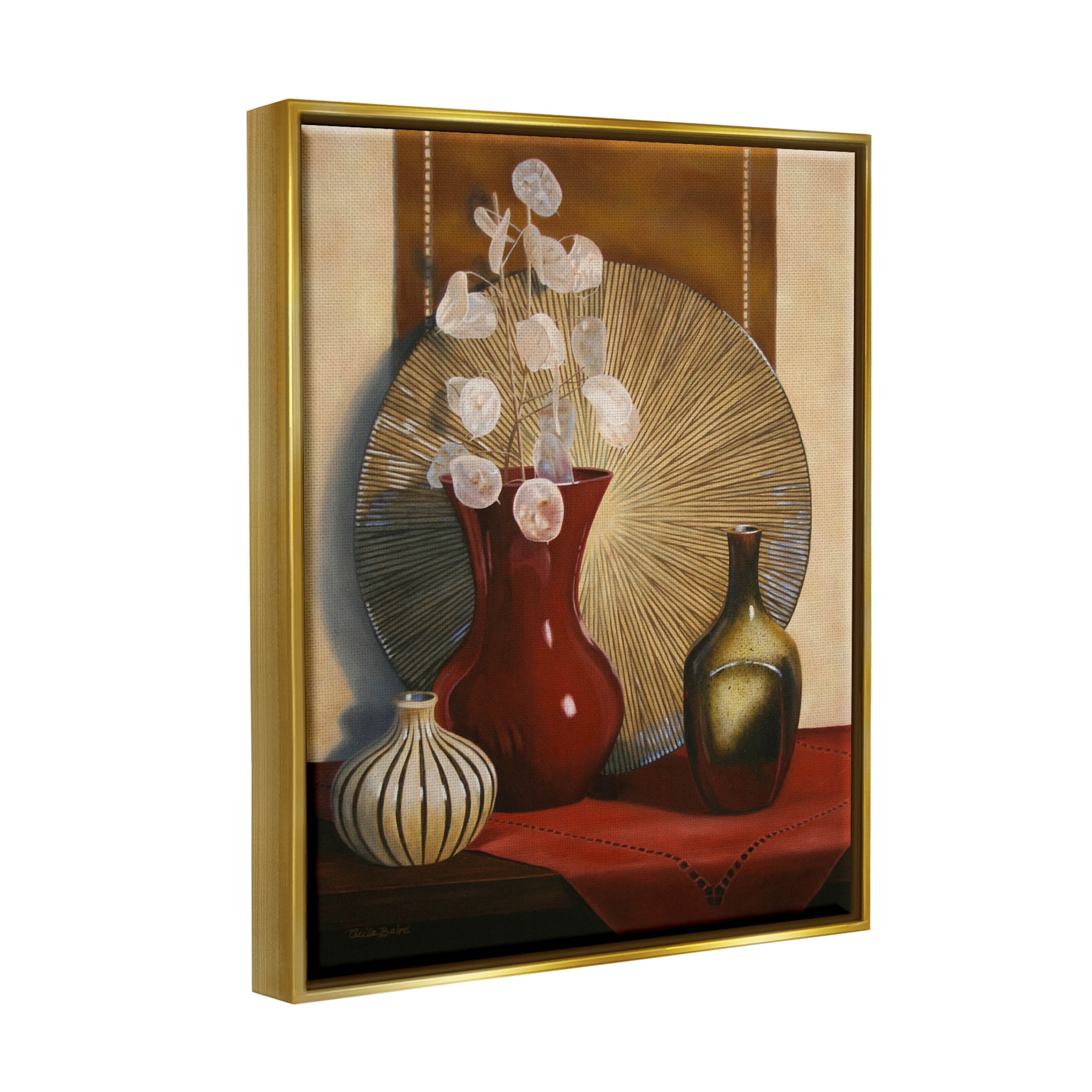 Stupell Industries Ornate Floral Vase Still Life Painting Metallic Gold Floating Framed Canvas Print Wall Art, Design by Cecile Baird