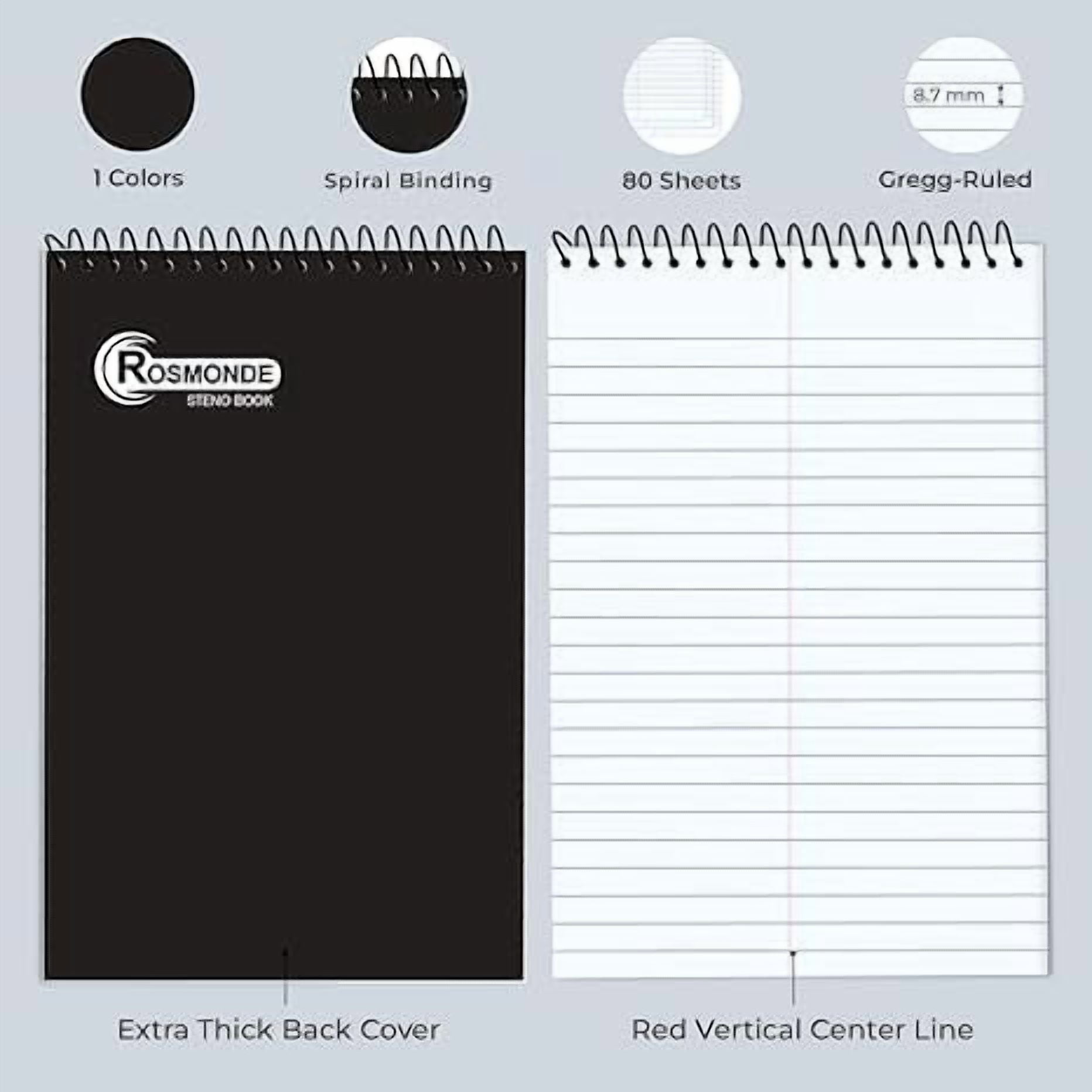 Spiral Steno Notebooks 48 Pack Bulk, 6x9 Inches Gregg Rule 80 Sheets, Top Bound Notepads for Office College, Black