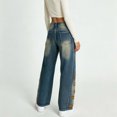 thumbnail image 3 of Women's Distressed Embroidery Jeans Vintage Y2K Straight Leg Denim Pants High Waist Stretchy Wide Leg Casual Denim Trousers with Pocket, 3 of 6