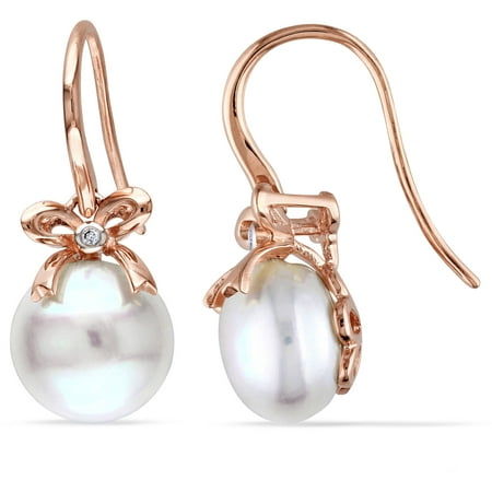 Miabella 10.5-11mm White Button Cultured Freshwater Pearl and Diamond-Accent 10kt Pink Gold Dangle Earrings