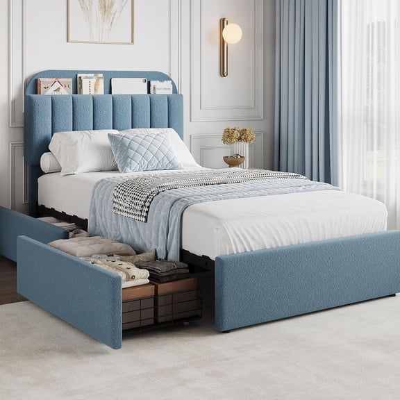 Twin Platform Bed with Storage Headboard and Drawers, Boucle Upholstered, No Box Spring Needed, Blue