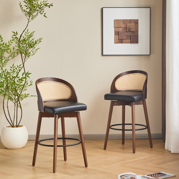 Christopher Knight Home Modern 26" Swivel Barstools, Rattan Backrest, PU Upholstery, Black, Set of 2