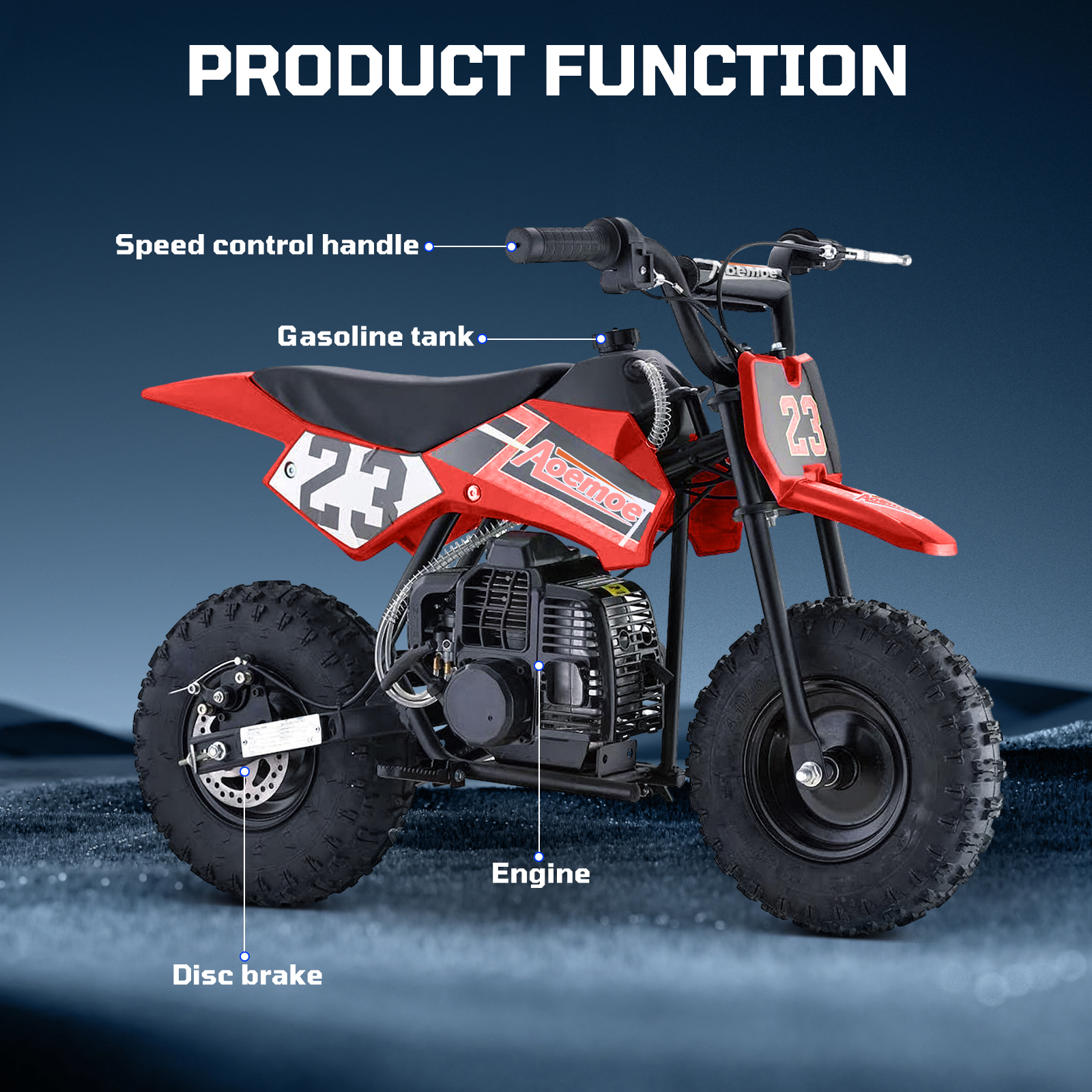 Aoemoe 49cc Kids Dirt Bike Gas Powered, Mini Off-Road Motorcycle with Suspension & Disc Brakes, 18 Mph, 160 Lbs Capacity, Red