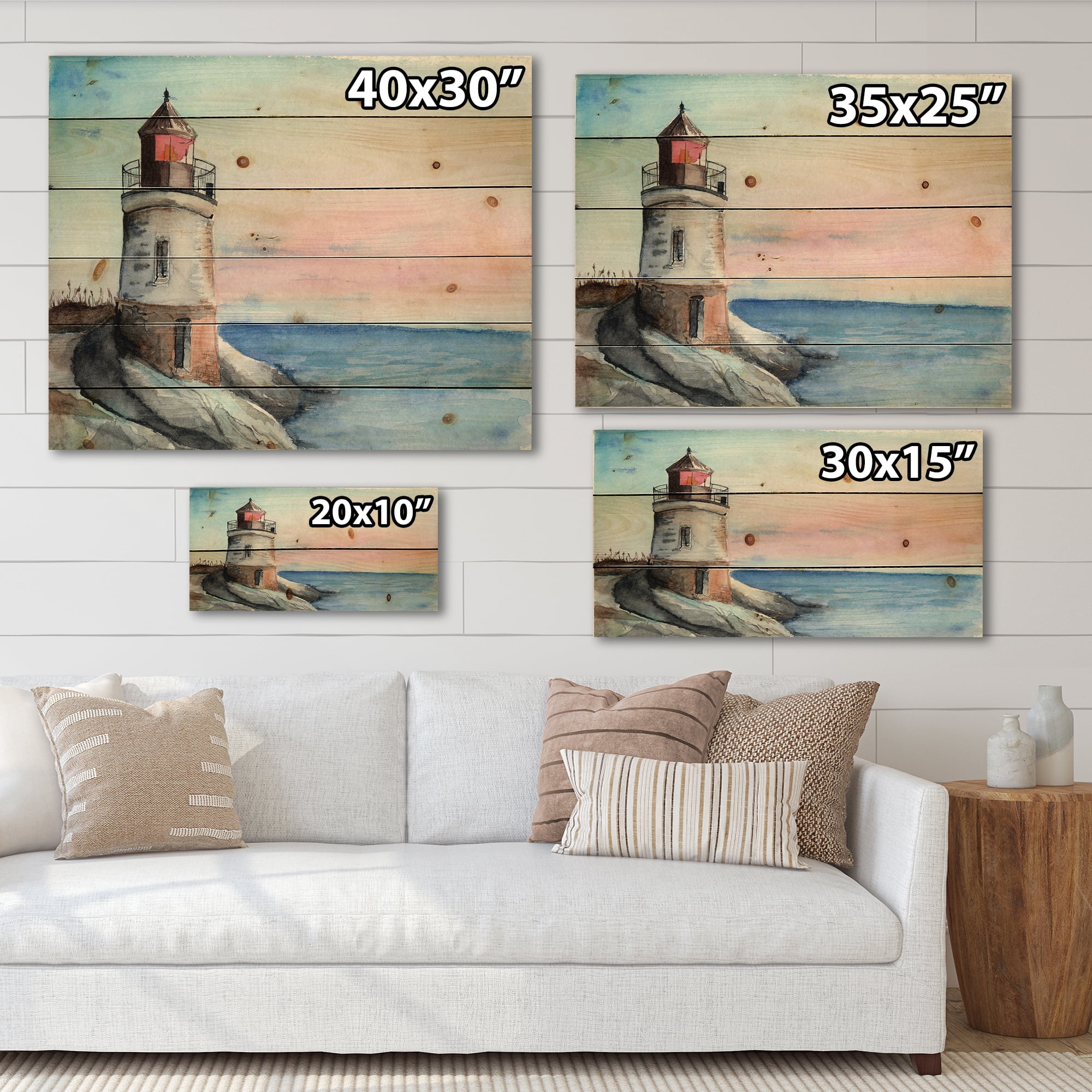 Designart 'A Lighthouse On A Rock Shore At Dawn' Nautical & Coastal Print on Natural Pine Wood