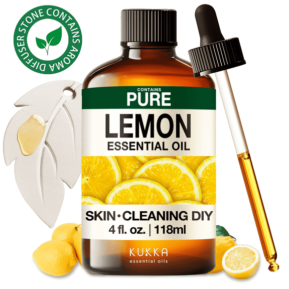 Kukka Lemon Essential Oil with Aromatherapy Stone - 100% Pure Zesty Citrus for Diffuser, Cleaning, Skincare, Hair Care & DIY - 4 fl oz