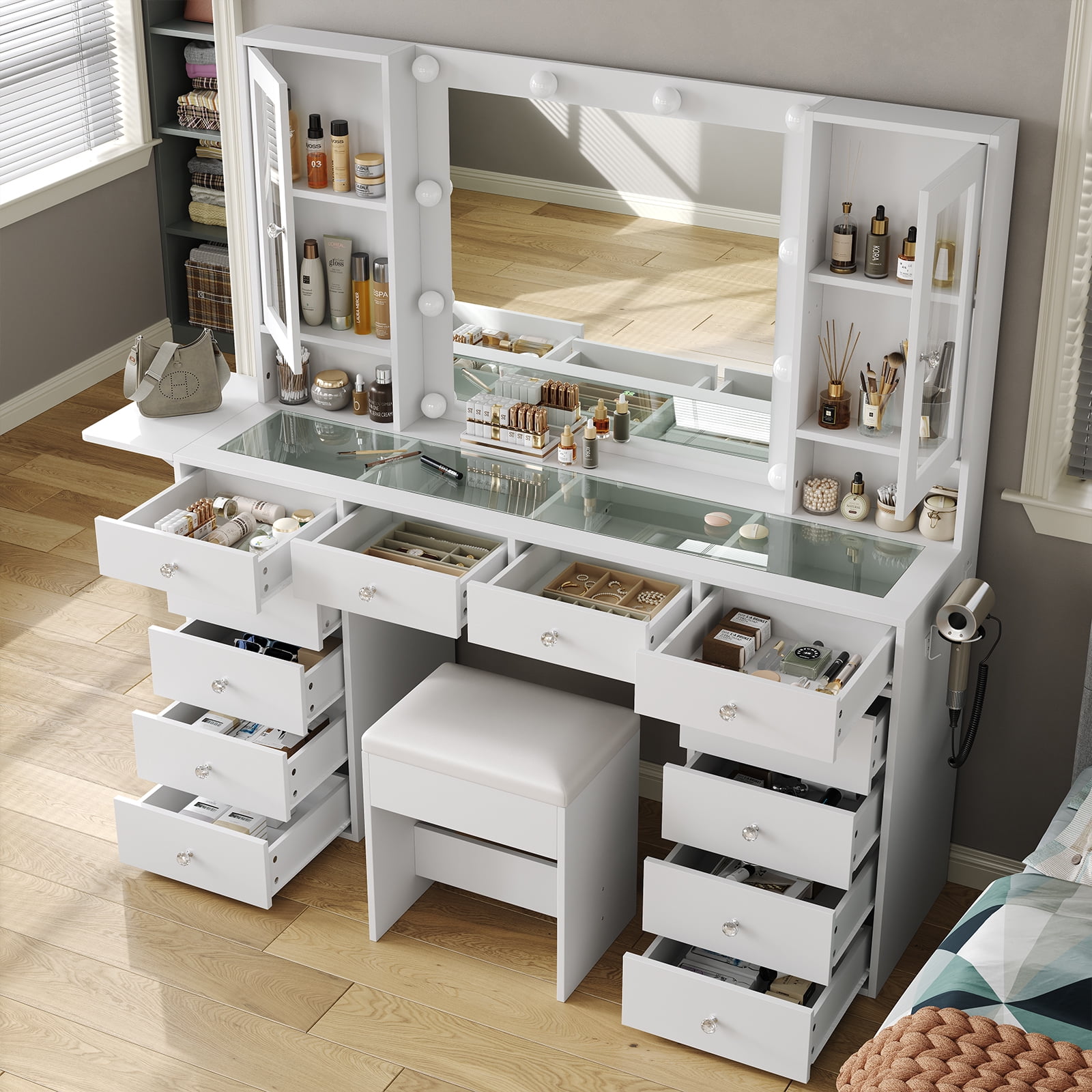 Yanosaku Vanity Desk with Mirror, 10 LED Lights, 12 Drawers, Glass Top Vanity Table with Stool for Bedroom