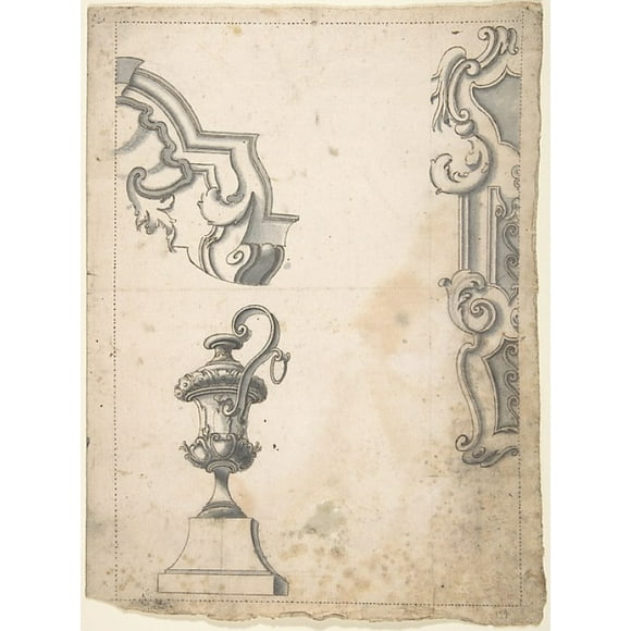 Designs for Parts of Frames and an Amphora Poster Print by Anonymous, Italian, Piedmontese, 18th century (18 x 24)