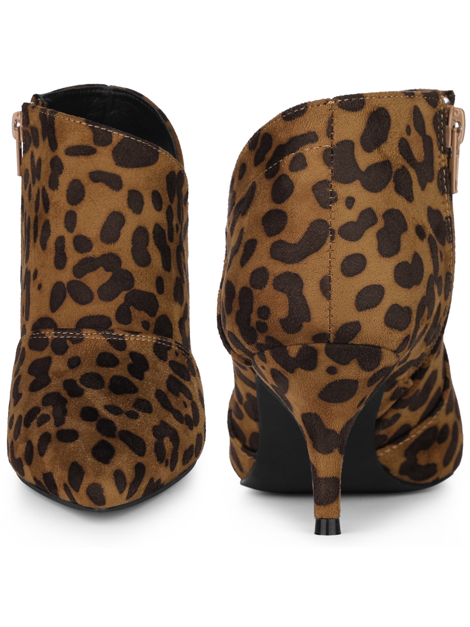 Unique Bargains Pointed Toe Cutout Kitten Heels Ankle Boots for Women Brown Leopard 10