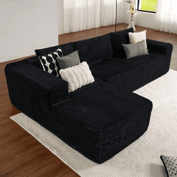 Vabaso 104" Modular Cloud Couch & L Shaped Couch Sectional with Ottoman - No Assembly Sleeper Sofa Alternative, Corduroy Living Room Furniture - Black