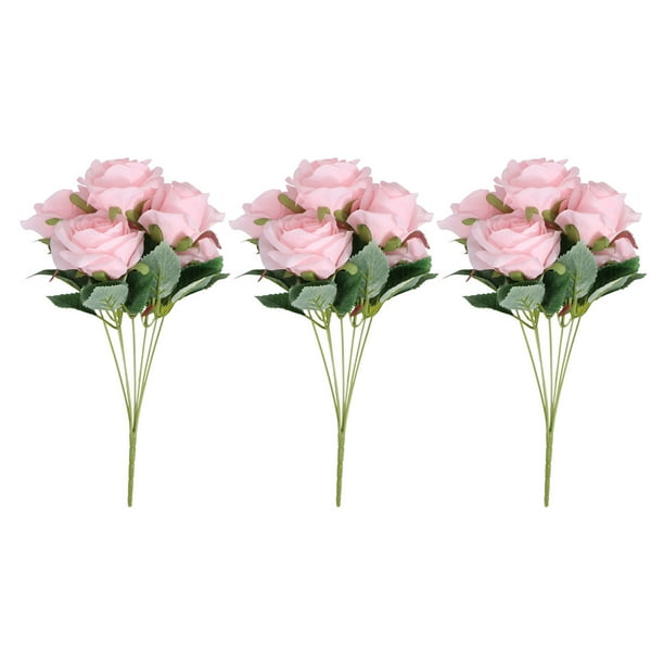 Ramo de rosas artificiales de 7 cabezas de seda, 3 unidades, para decoración del hogar, boda, fiesta, festival (rosa)