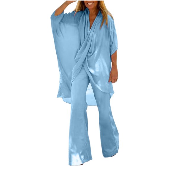Conjunto de camiseta y pantalones de manga 3/4 con cuello en V liso de gran tamaño para mujer Wmkox8yi bvn3017