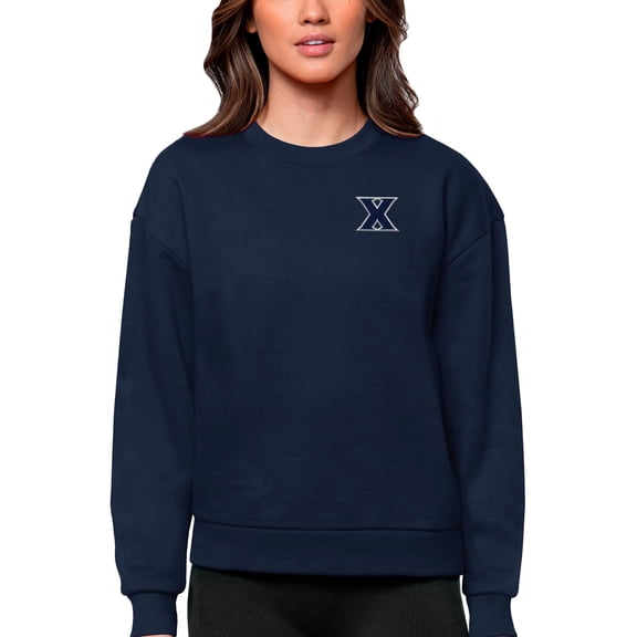 Women's Antigua Navy Xavier Musketeers Logo Victory Crewneck Pullover Sweatshirt