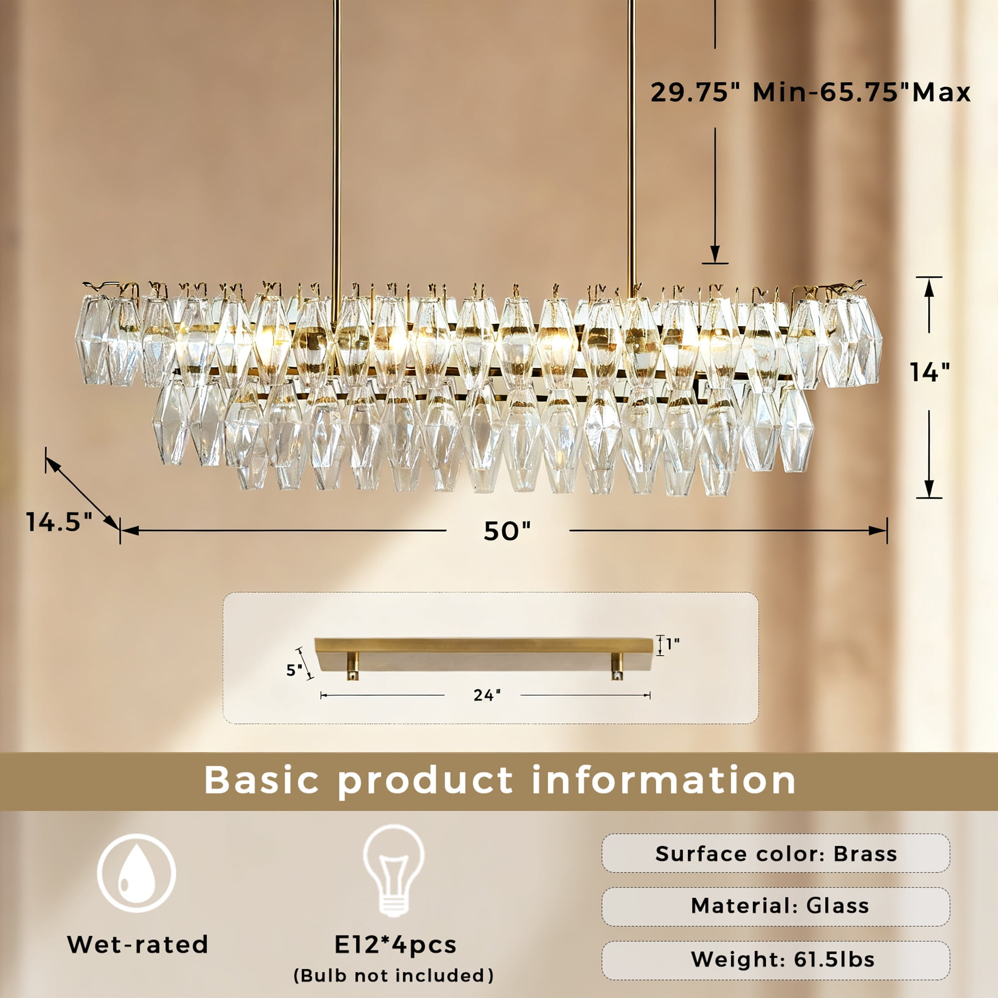 Elegance Fluted Adjustable Crystal Chandelier with Luxe Metallic Finish Fixtures for Dining Living Room Ceiling Lamp for Bedroom