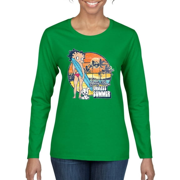 Wild Bobby Betty Boop Endless Summer Beach the Dog Betty Boop Womens Long Sleeve T-Shirt, Kelly, X-Large