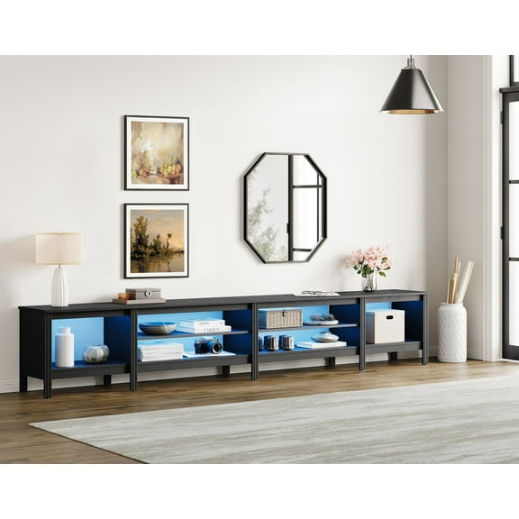 Fitueyes 118" Mid-Century Modern TV Stand for 85-100" TVs, Home Entertainment Center with Open Shelves & LED Light for Living Room, black