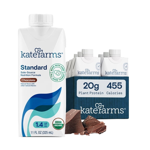 Kate Farms Organic 1.4 High Calorie Nutrition Shake, Chocolate, 20g Protein, 27 Vitamins and Minerals, Meal Replacement, 11 oz (6 Pack)