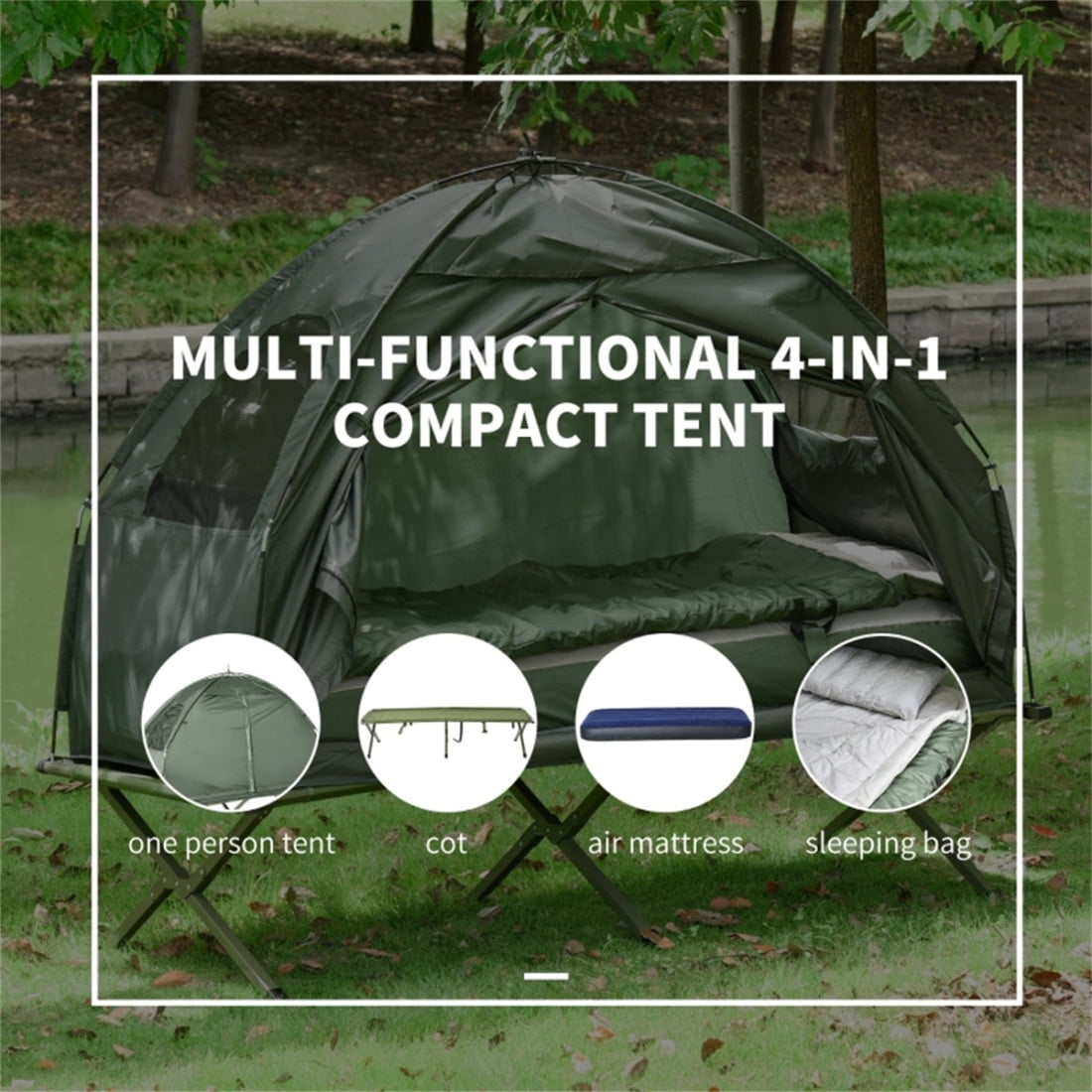 Tent Cot for Camping, All-in-1 Folding Tent Combo with Self-Inflating Mattress, Carry Bag & Foot Pump, Portable Off Ground Elevated Tent for Hiking, Backpacking, Fishing & Picnic
