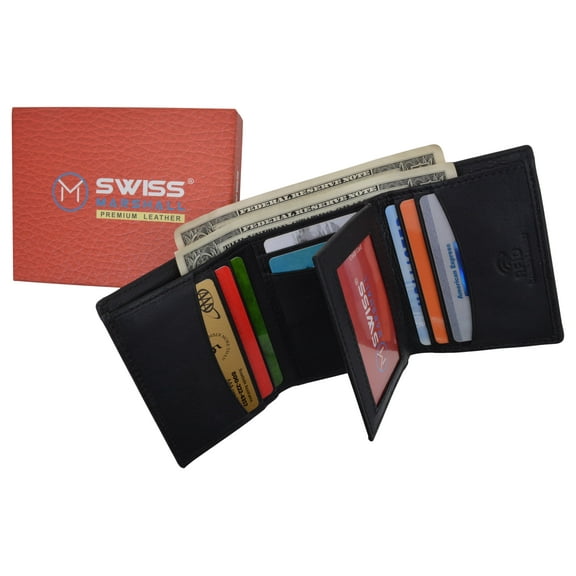 Swiss Marshall Mens RFID Blocking Premium Leather Classic Trifold Wallet Gift Box