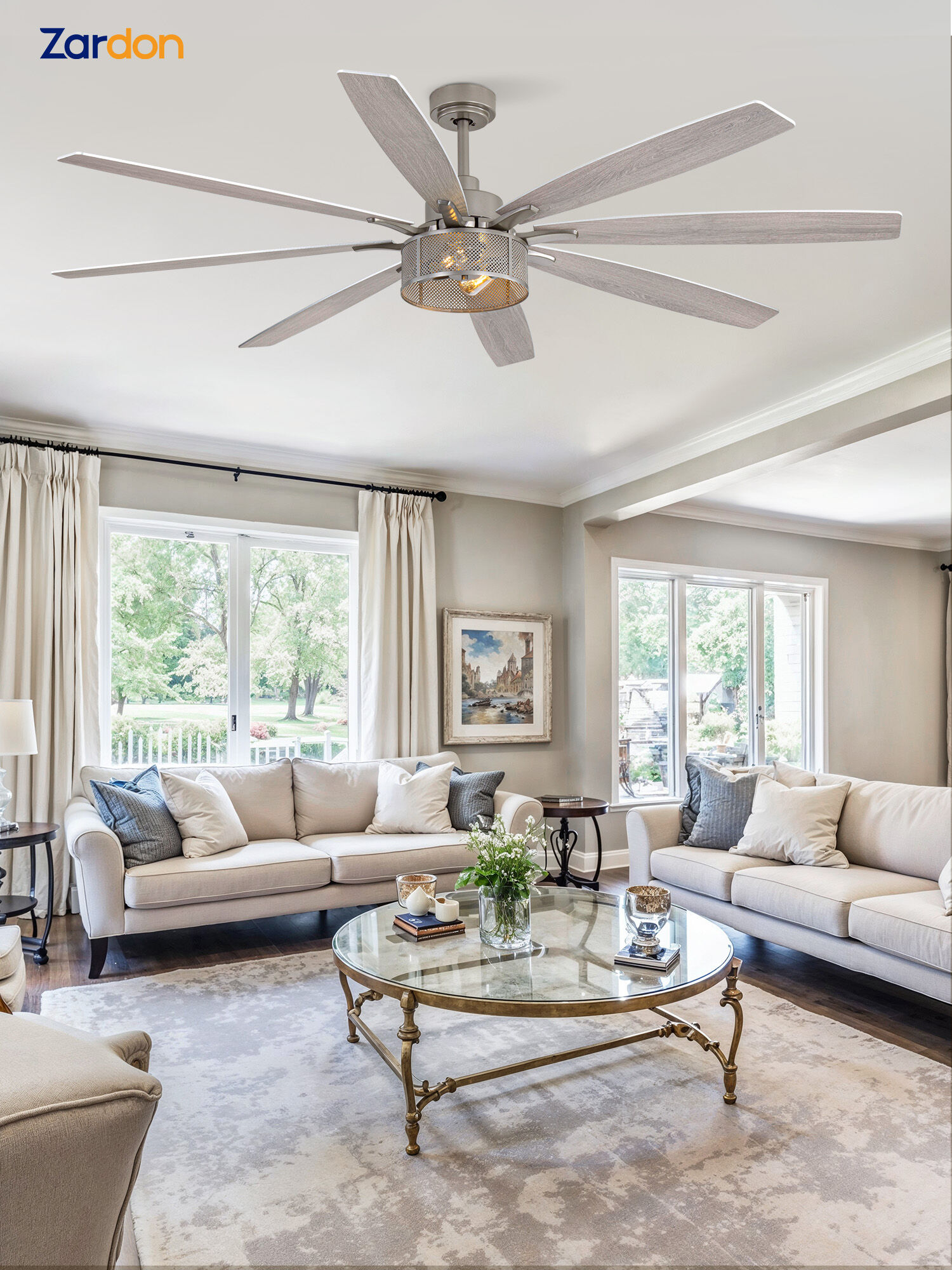 Zardon 72 Inch Farmhouse Ceiling Fan with Light and Remote Control, Quiet 6-Speed Reversible DC Motor, 8 Dual-Finish Blades for Indoor, Nickel