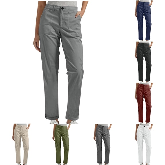 WAYUTE Womens High Waist Straight Leg Cargo Pants Button Zip Front Patch Pockets Ankle Length Casual Chino Trousers Daily Wear,Light Gray,XL