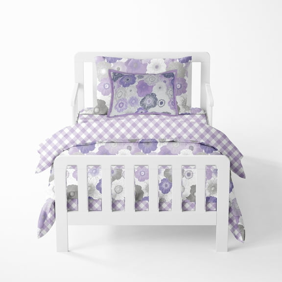 Bacati - 5 pc Toddler Bedding/Sheet Set 100% Cotton Percale, Watercolors Flowers Purple Gray