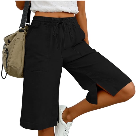 Cutuoiiu Trendy Womens Mid Length Shorts Solid Color Drawstring Closure with Side Slits and Pockets for Casual Outings Gift