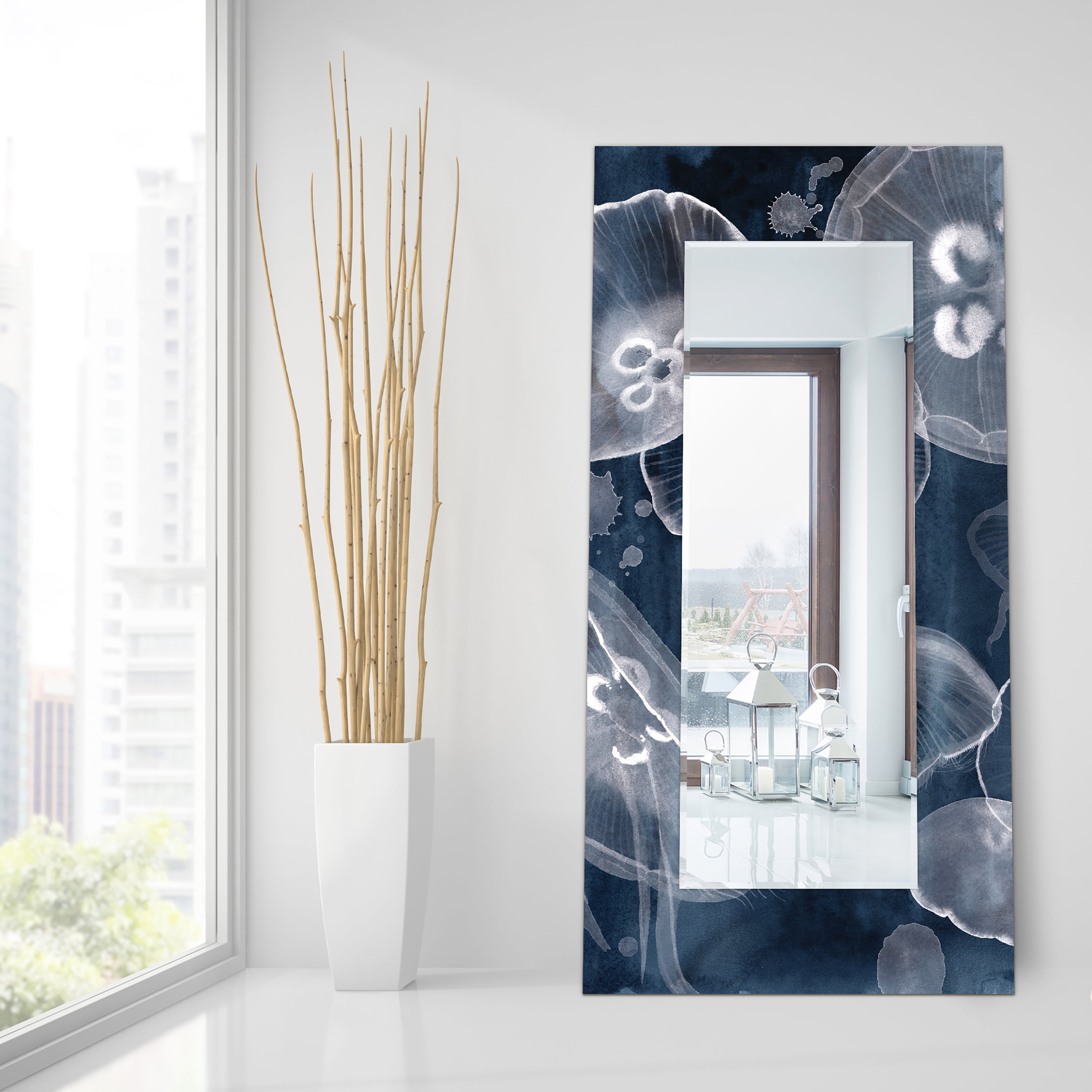 Empire Art Direct Moon Jellies Rectangular Beveled Mirror on Free Floating Reverse Printed Tempered Art Glass, 72" x 36" x 0.4", Ready to Hang