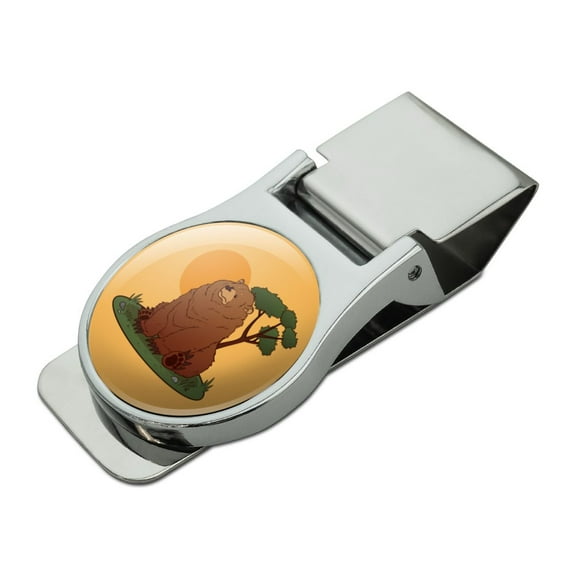 Chubby Grizzly Bear Satin Chrome Plated Metal Money Clip