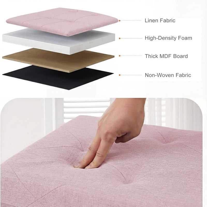 Kelno 30" Foldable Storage Ottoman Bench Linen Footrest Stool with Foam Padded Seat, Pink